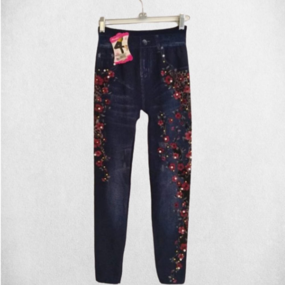 Womens Faux Denim Floral printed Leggings, Sz S